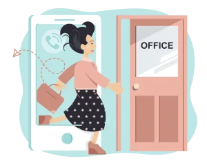 Illustration of a woman stepping out of a smartphone into an office, carrying a briefcase.