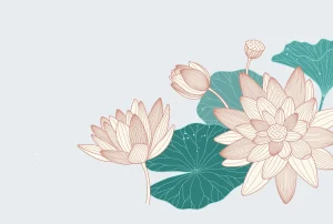 A serene illustration of lotus flowers and leaves on a light background.