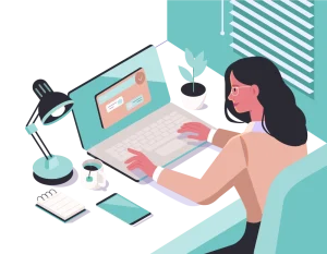 A woman working on a laptop in a cozy home office environment.