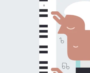 Illustration of a musician enjoying music next to piano keys.
