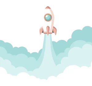 Illustration of a rocket launching through clouds