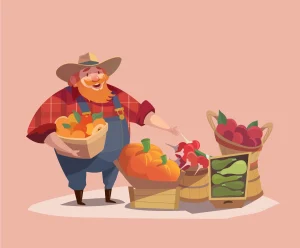 A cheerful vendor at a farmers market showcasing a variety of fresh produce.