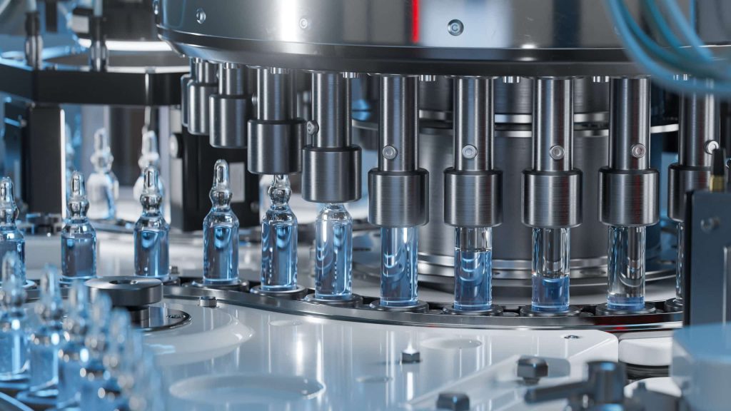 Close-up Of Medical Ampoule Production Line At Modern Modern Pharmaceutical