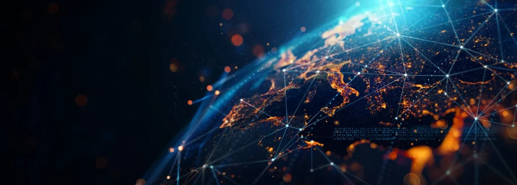 A stunning visualization of the global network with illuminated continents and connecting lines.