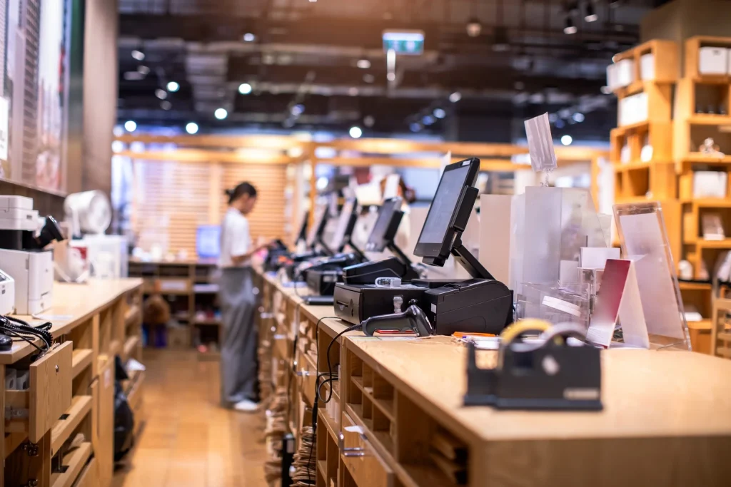 Retail checkout counters inside a store