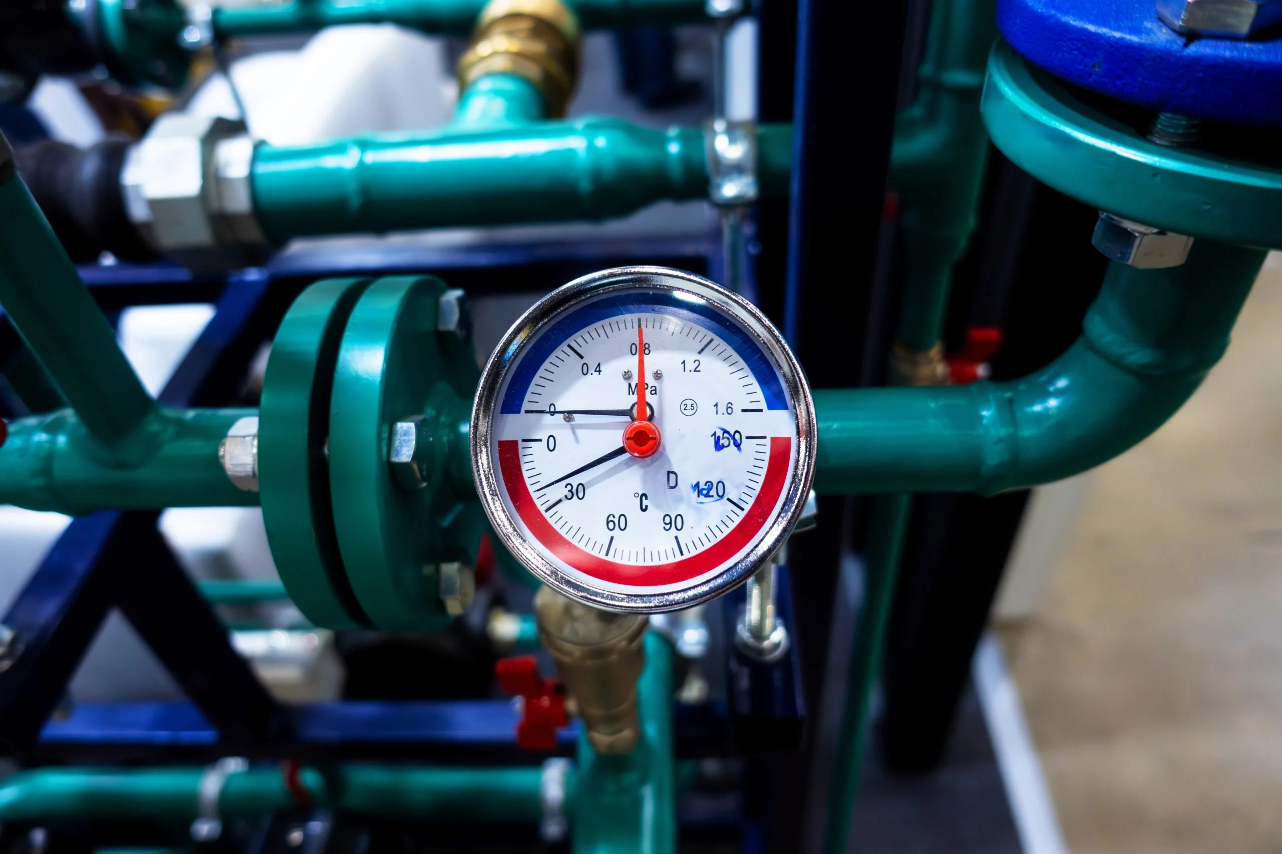 A close-up of a round pressure gauge attached to green metal pipes, displaying a reading of approximately 2.7 bar, with both blue and red sections indicating pressure levels.