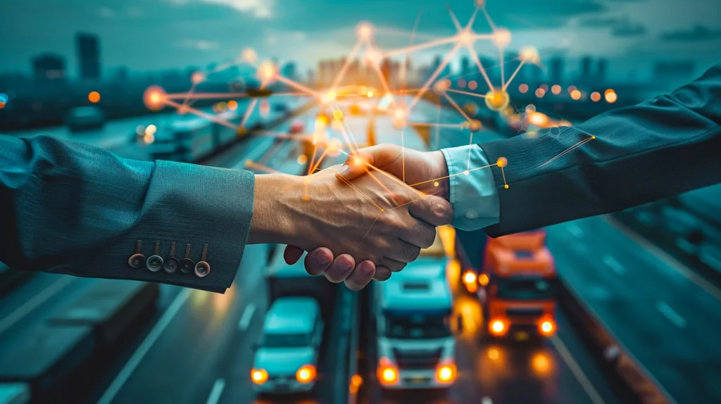Businesspeople shaking hands over a digital network graphic