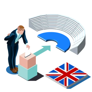 A man casting his vote in a UK election with a ballot box and the British flag.
