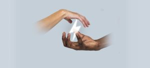 Two hands exchanging a lightning bolt symbol representing negotiating power
